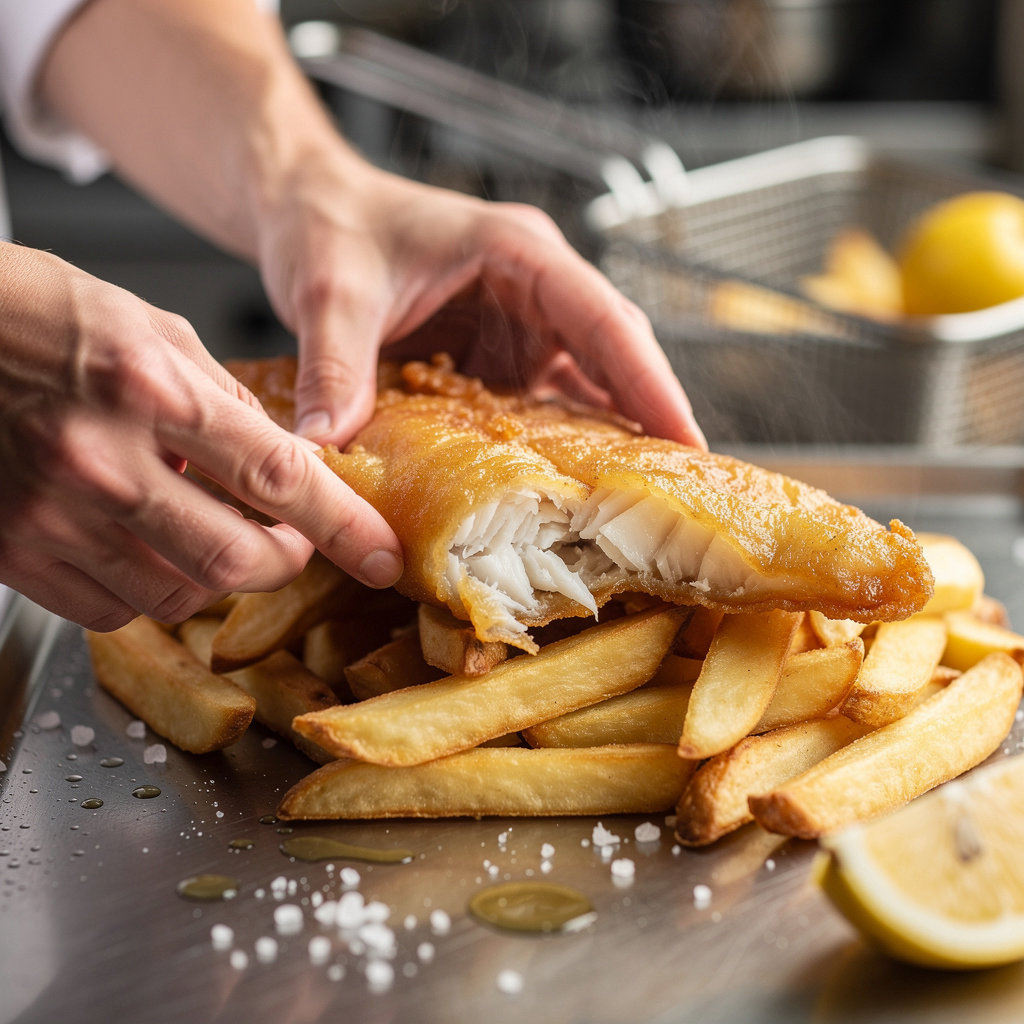 Catch 22 fresh seafood preparation showcasing quality fish and crispy batter technique