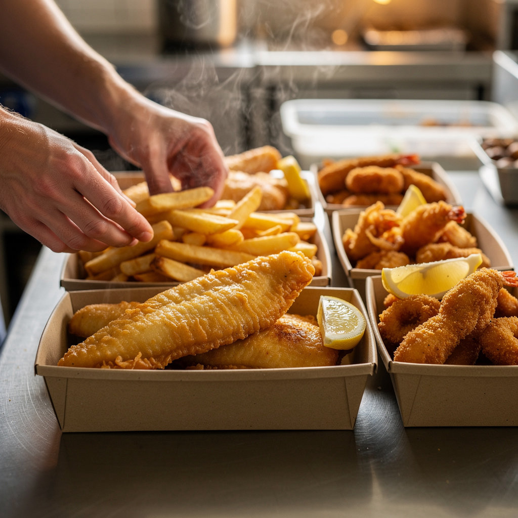 Catch 22 fresh fish and chips menu display with crispy batter and generous portions